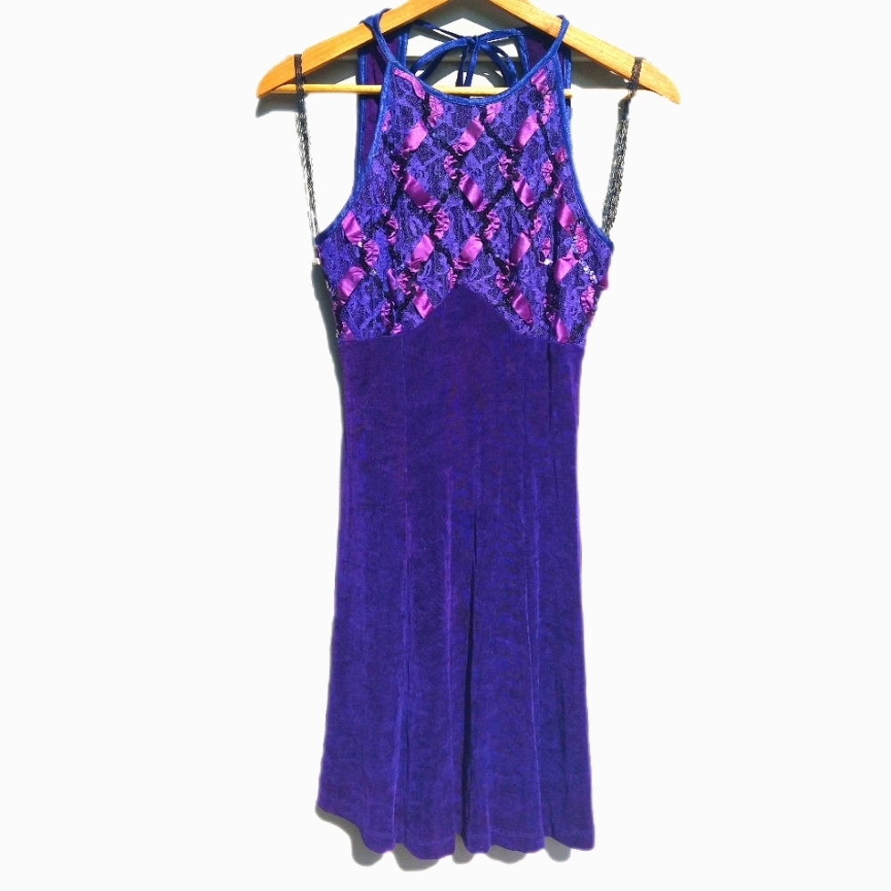 *Sale* Vintage 90's Steppin' Out Purple Sequin, Lace and Ribbon Mini-Dress, 7/8